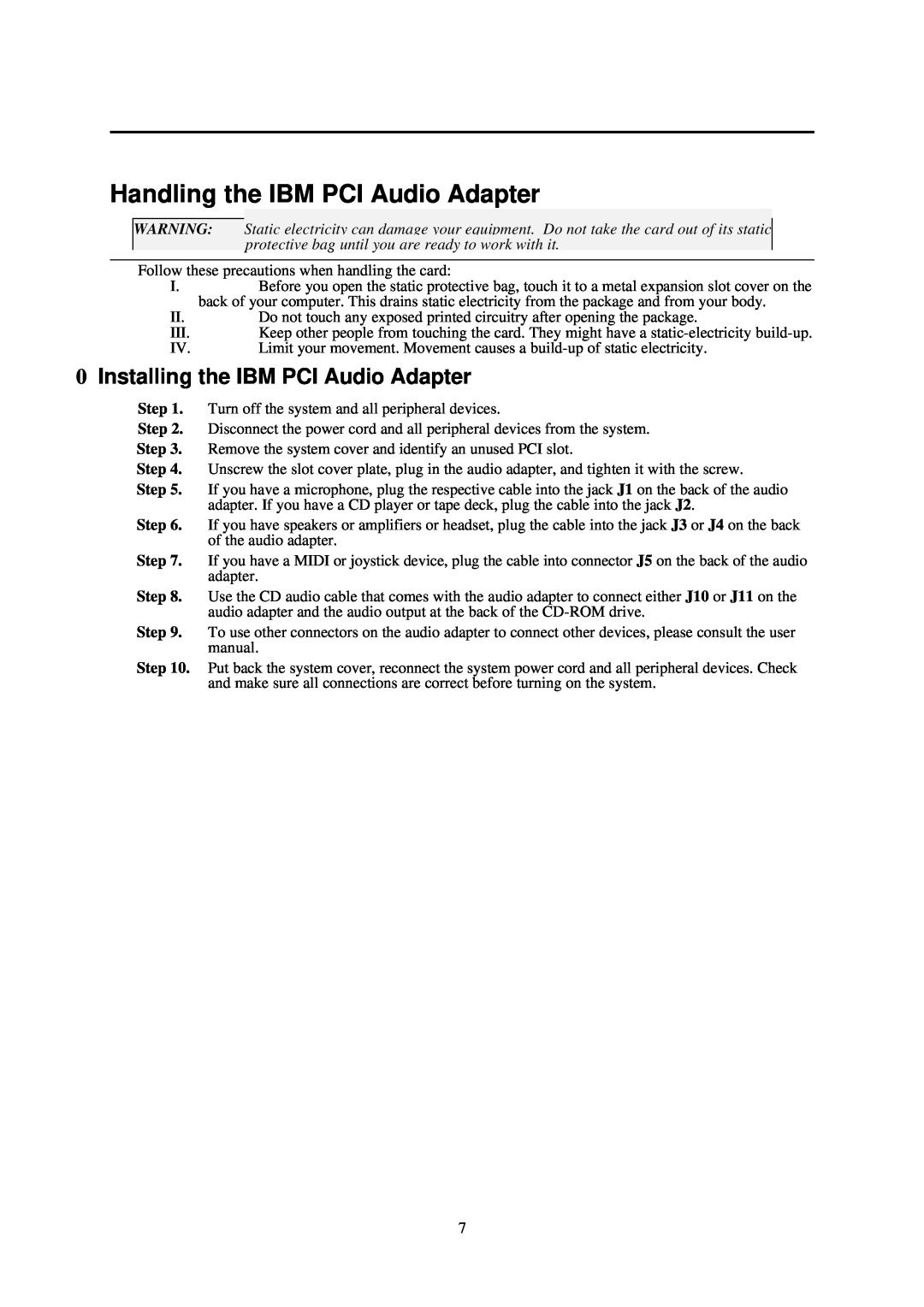 IBM L70 manual Handling the IBM PCI Audio Adapter, Installing the IBM PCI Audio Adapter 