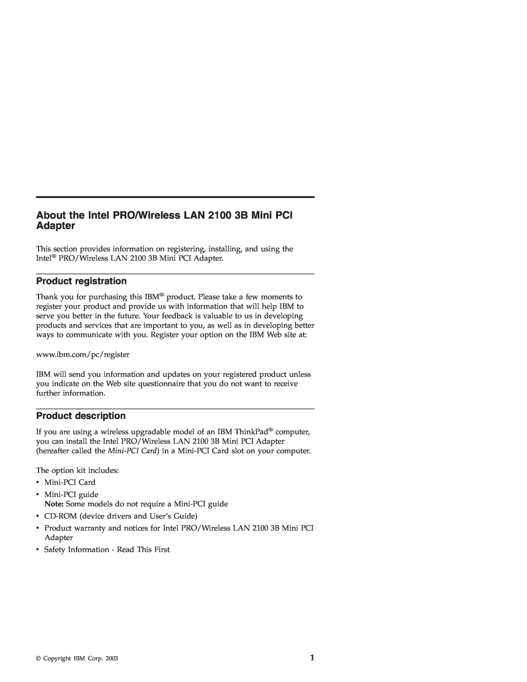 IBM manual About the Intel PRO/Wireless LAN 2100 3B Mini PCI Adapter, Product registration, Product description 