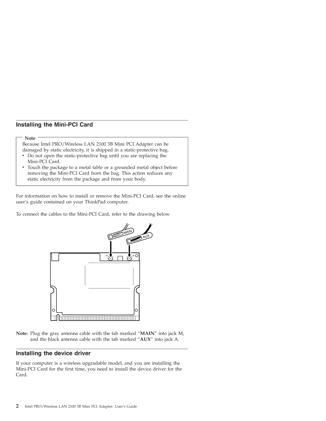 IBM LAN 2100 3B manual Installing the Mini-PCI Card, Installing the device driver 