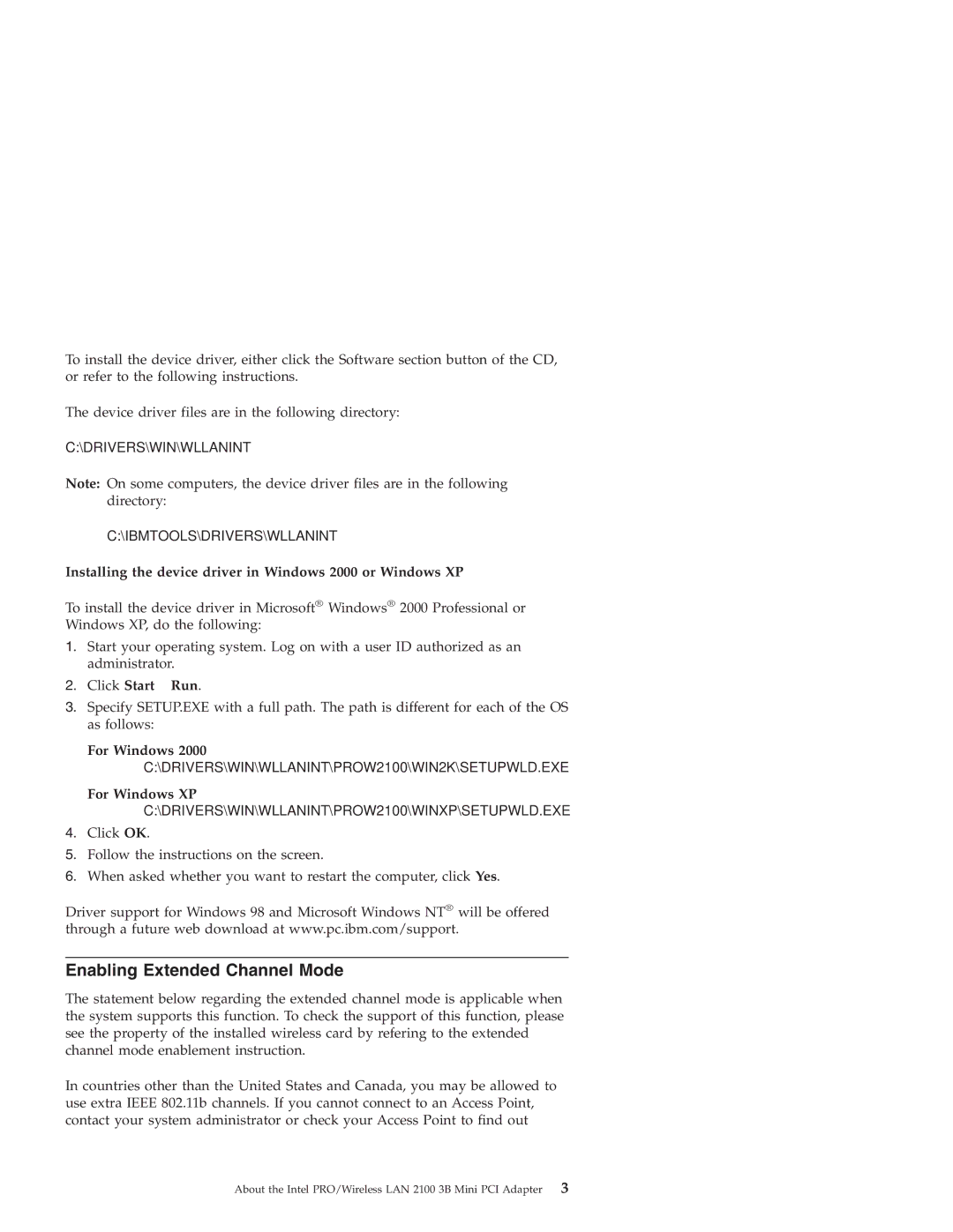 IBM LAN 2100 3B manual Enabling Extended Channel Mode, Installing the device driver in Windows 2000 or Windows XP 