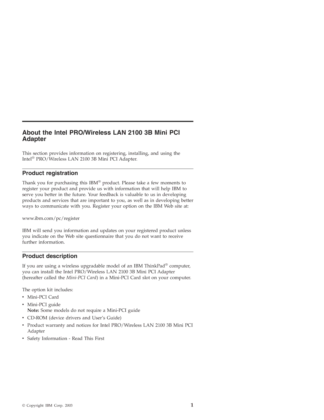 IBM manual About the Intel PRO/Wireless LAN 2100 3B Mini PCI Adapter, Product registration, Product description 