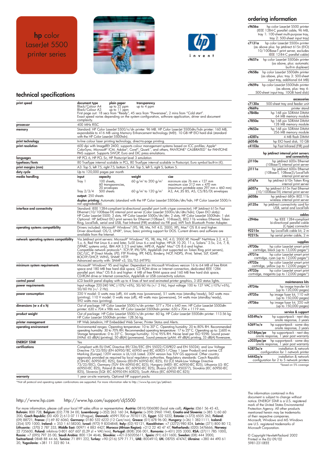 IBM Hp color LaserJet 5500 printer series, Technical specifications, Ordering information, BOOTP/DHCP, WINS, SNMP, Http 