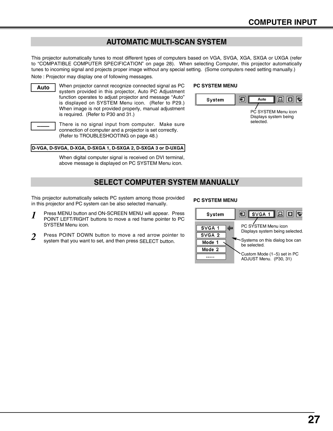 IBM LC-UXT3 manual Computer Input Automatic MULTI-SCAN System, Select Computer System Manually, PC System Menu 