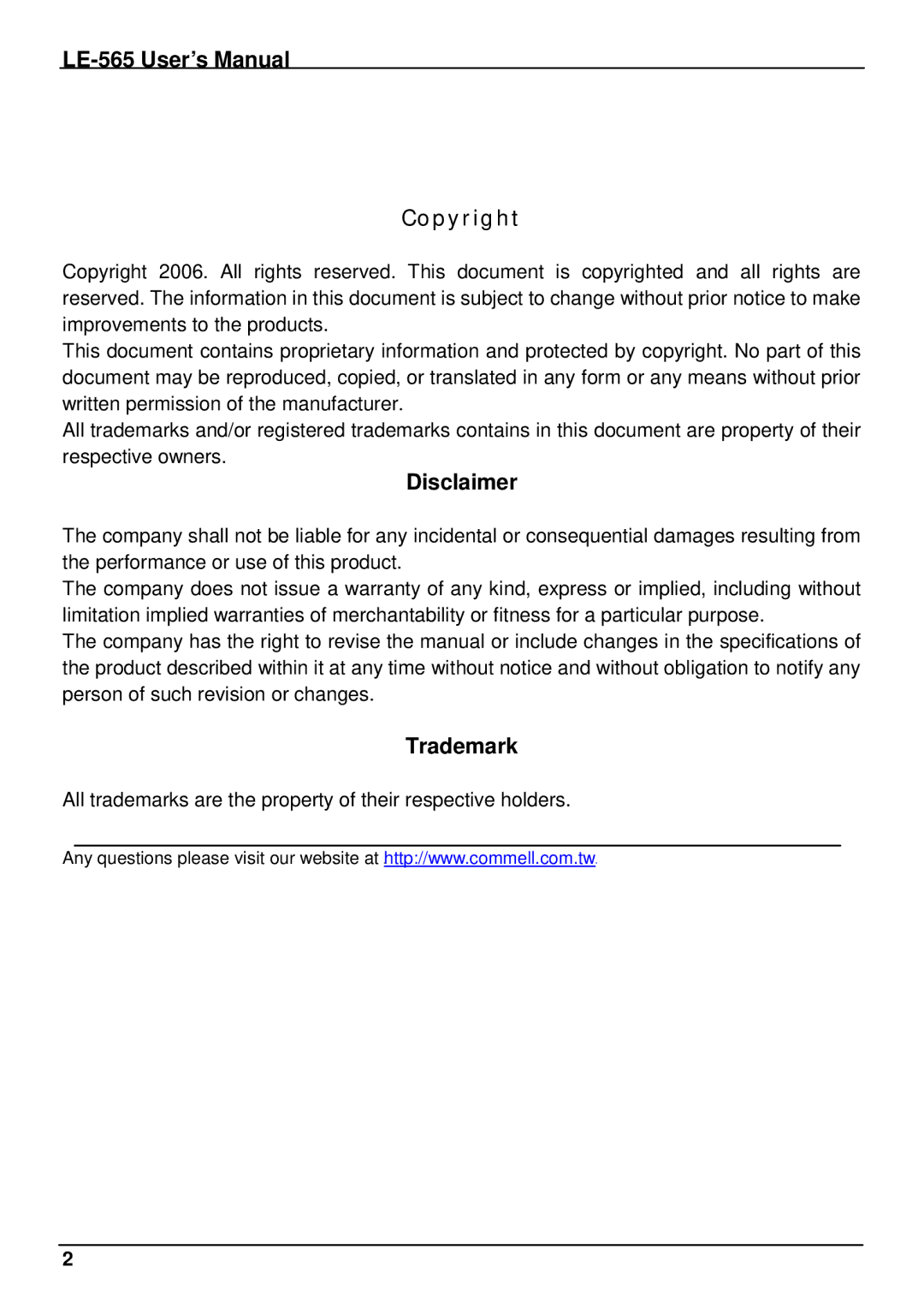 IBM user manual LE-565 User’s Manual, Disclaimer, Trademark 