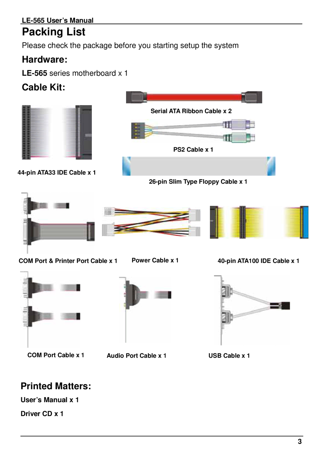 IBM LE-565 user manual Packing List, Hardware, Cable Kit, Printed Matters 