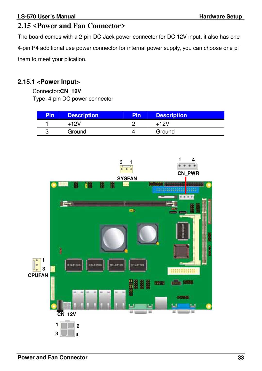 IBM LE-565 user manual Power and Fan Connector, Power Input 