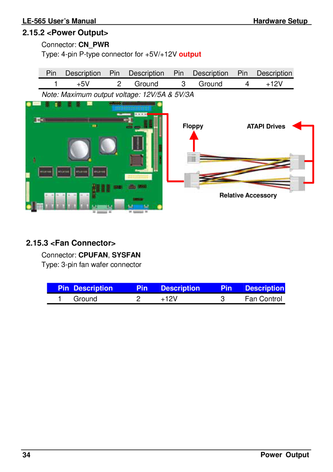 IBM LE-565 user manual Power Output, Fan Connector, Pin Description Ground +12V Fan Control 