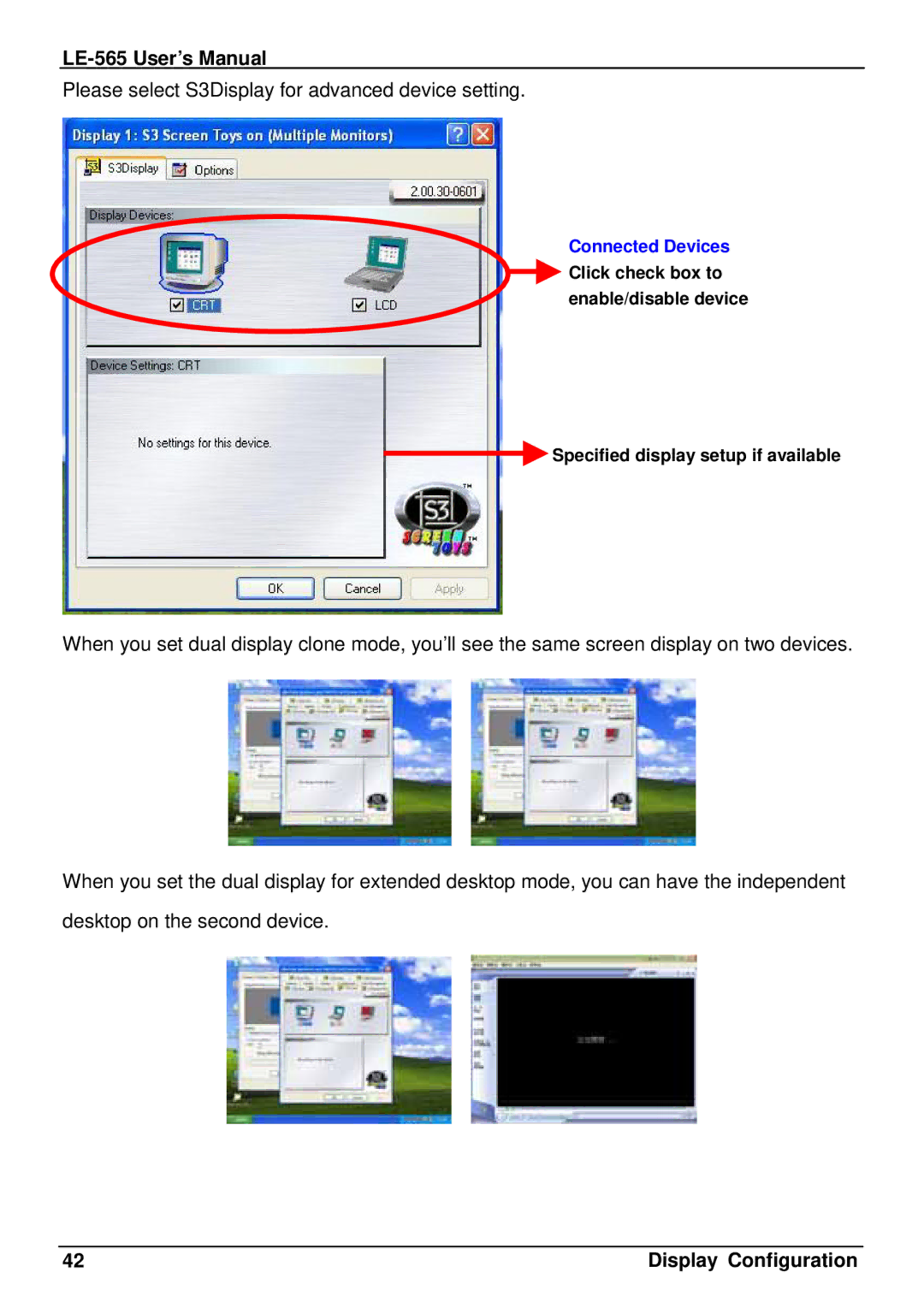 IBM LE-565 user manual Please select S3Display for advanced device setting 