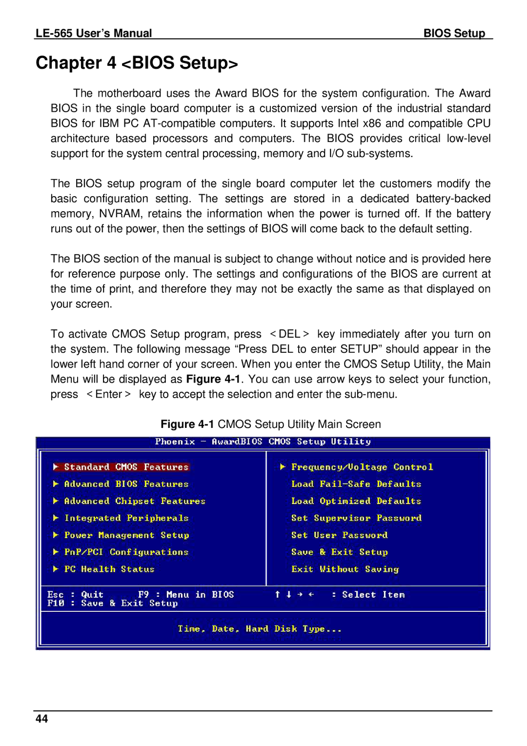 IBM LE-565 user manual Bios Setup, 1CMOS Setup Utility Main Screen 