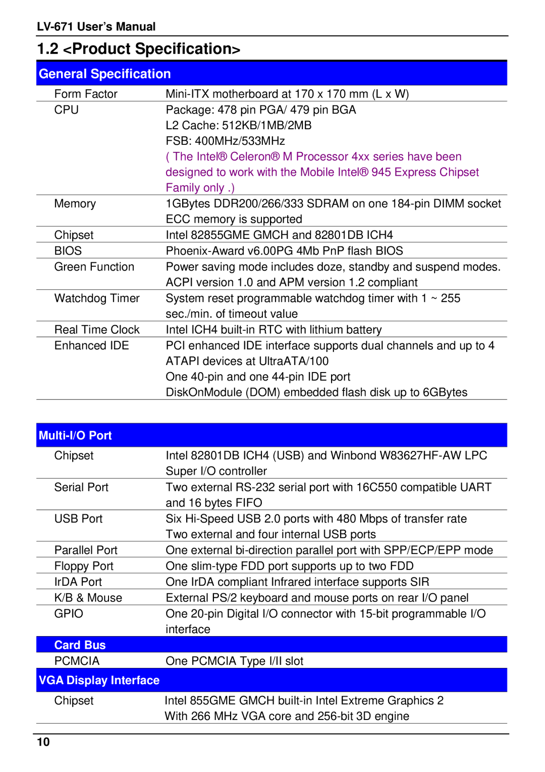 IBM LV-671 user manual Product Specification, Multi-I/O Port, Card Bus, VGA Display Interface 