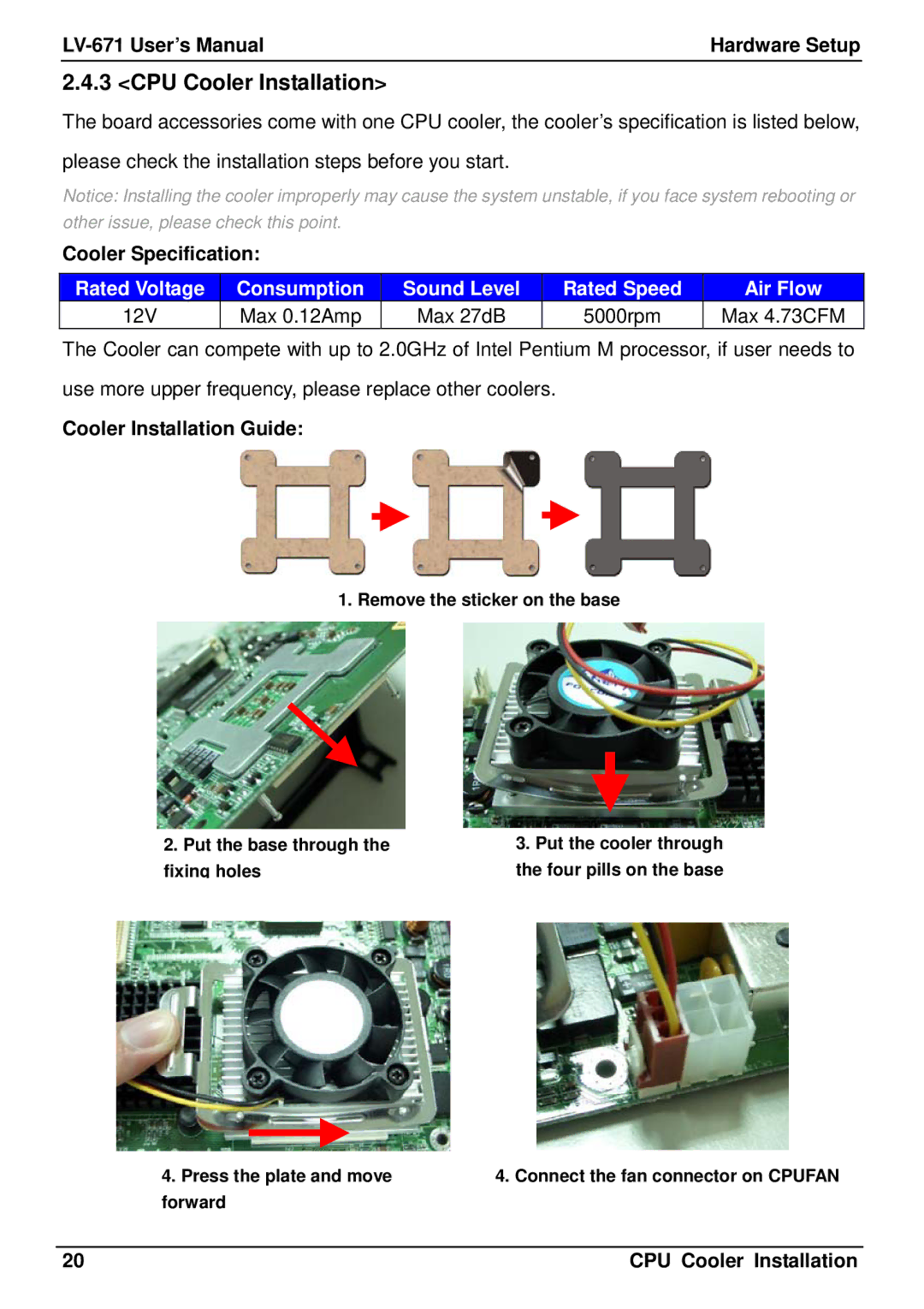 IBM LV-671 user manual CPU Cooler Installation, Cooler Specification, Max 4.73CFM, Cooler Installation Guide 