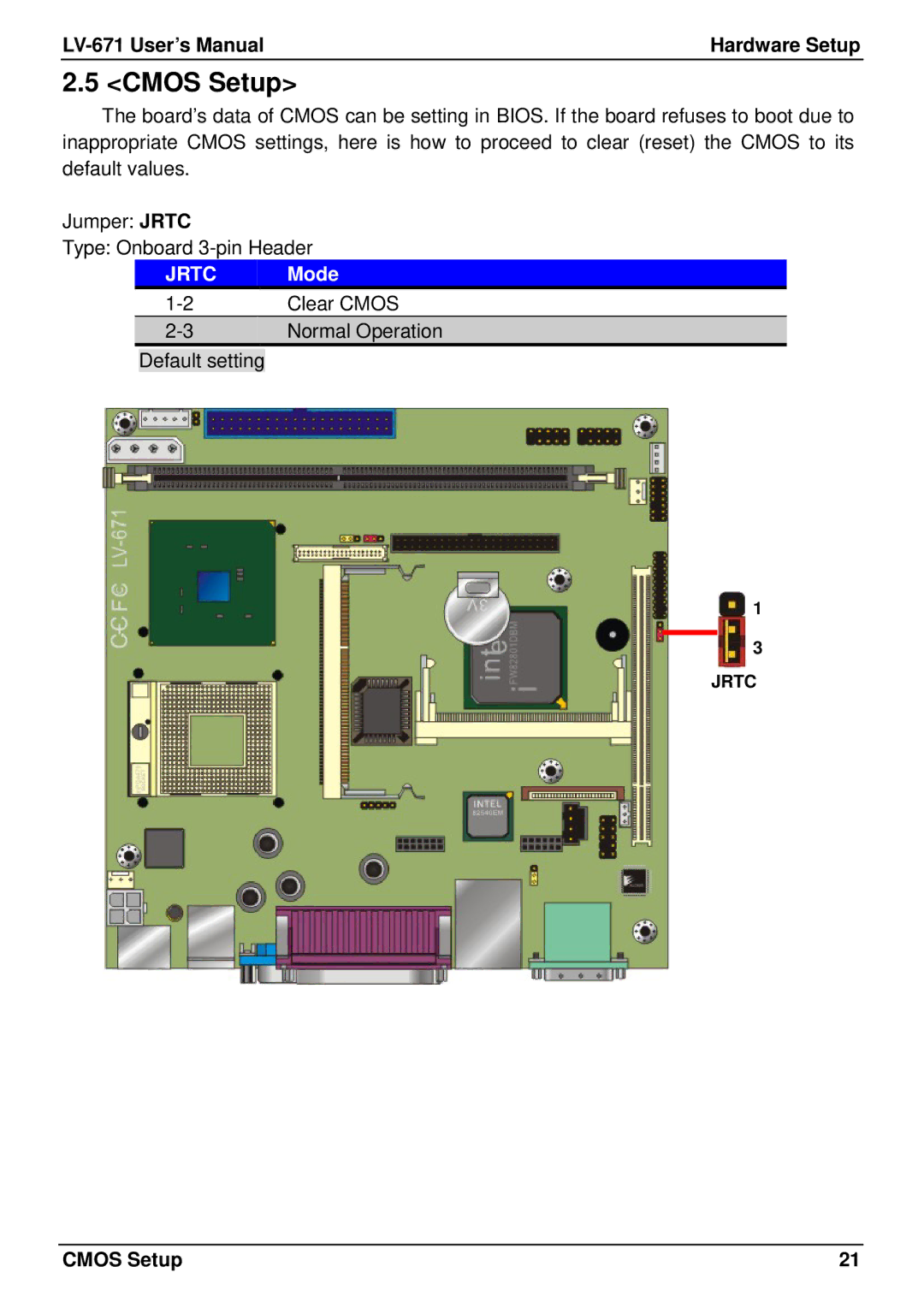 IBM LV-671 user manual Cmos Setup, Jrtc Mode 