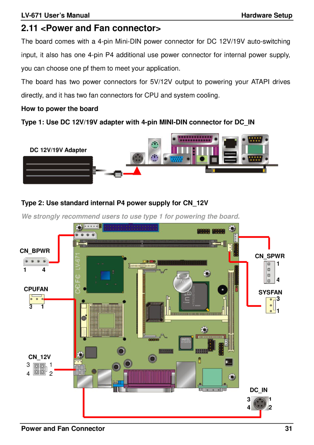 IBM LV-671 Power and Fan connector, Type 2 Use standard internal P4 power supply for CN12V, Power and Fan Connector 