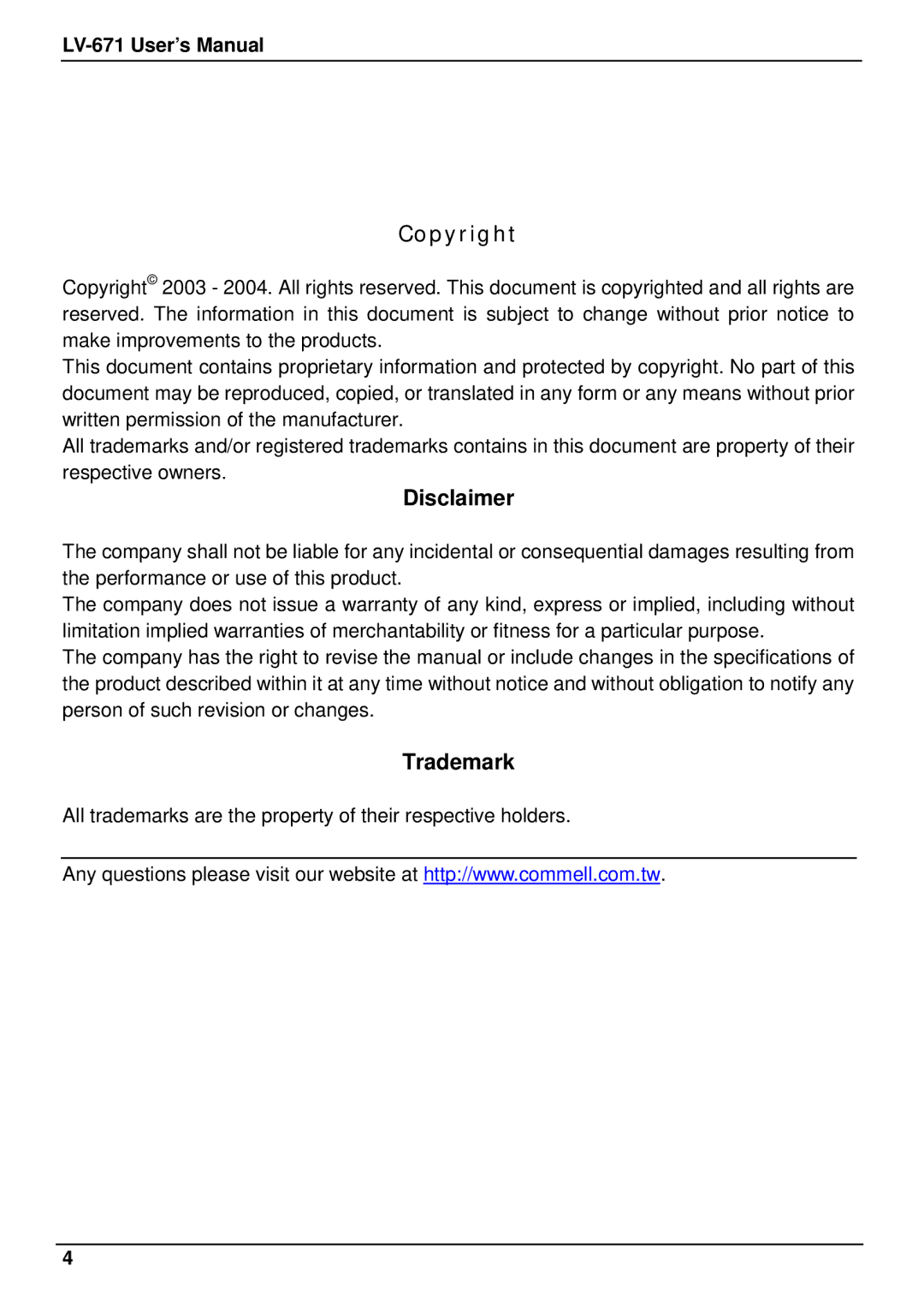 IBM LV-671 user manual Disclaimer, Trademark 