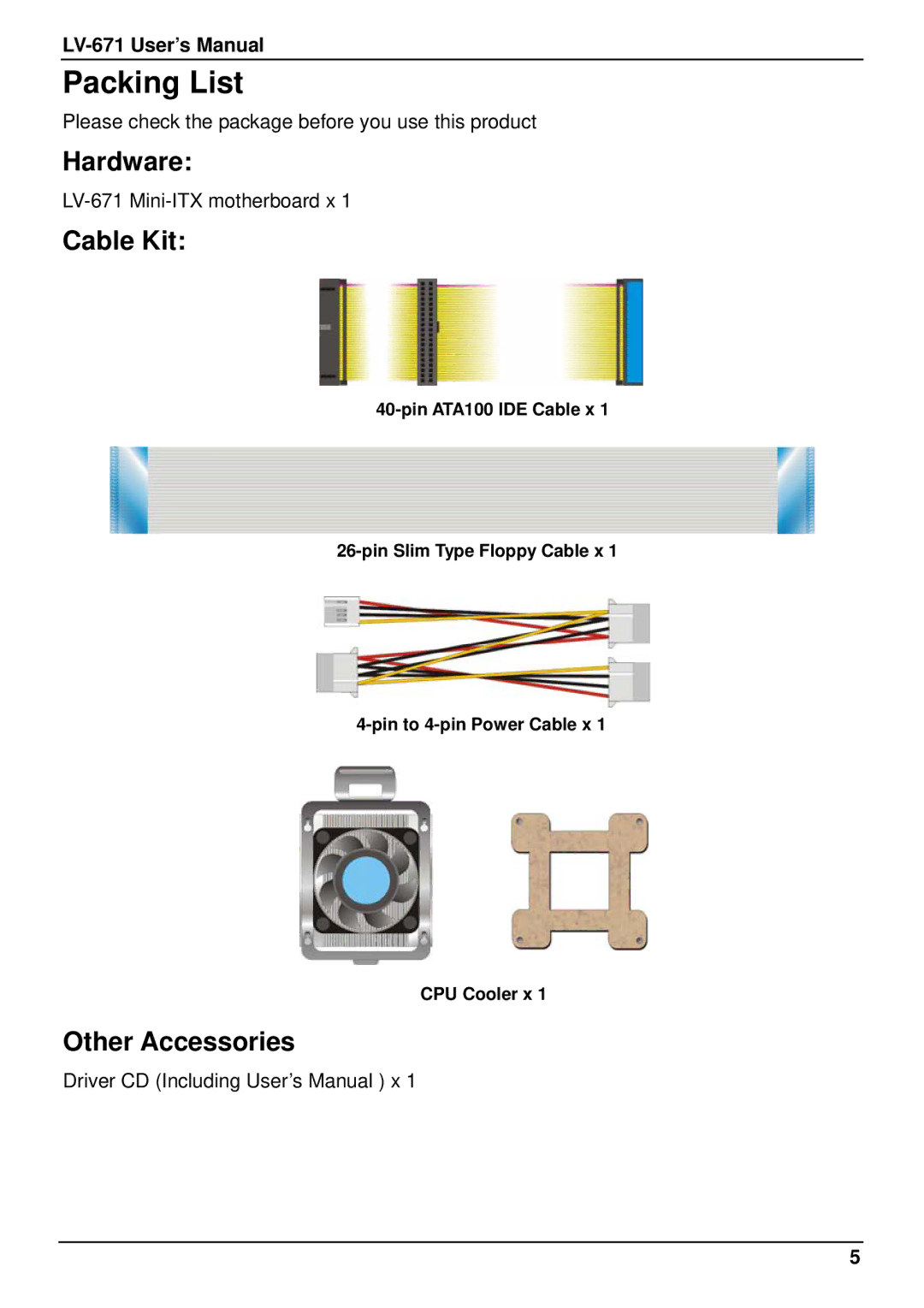 IBM LV-671 user manual Packing List, Hardware, Cable Kit, Other Accessories 