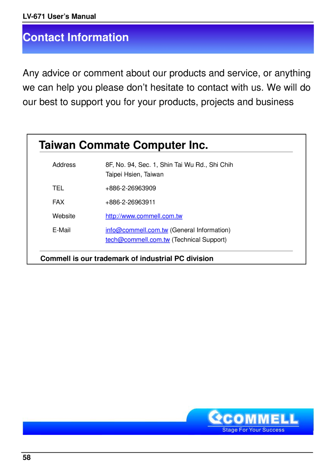 IBM LV-671 user manual Taiwan Commate Computer Inc, Commell is our trademark of industrial PC division 