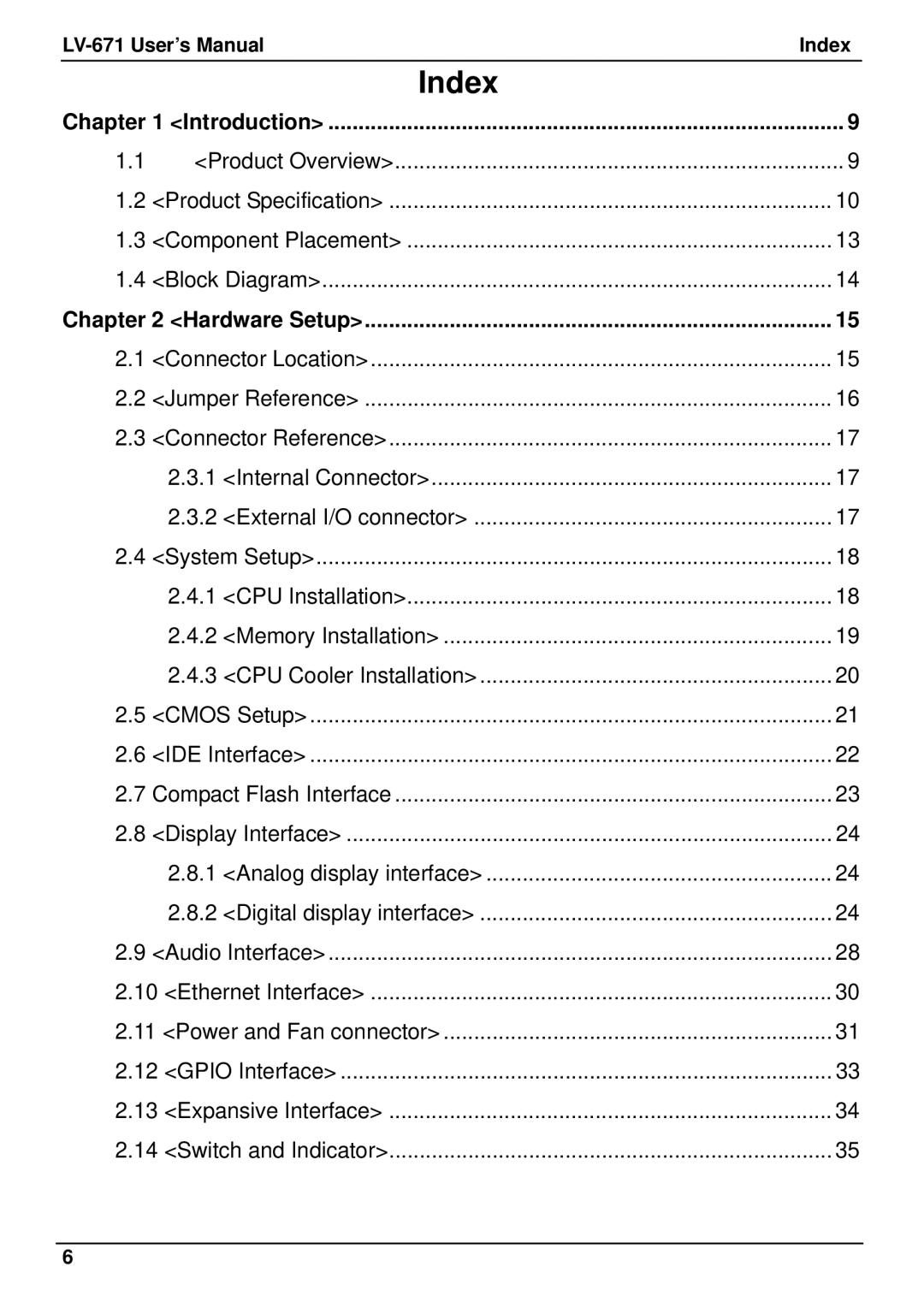 IBM user manual Chapter, LV-671 User’s Manual Index, Introduction, Hardware Setup 