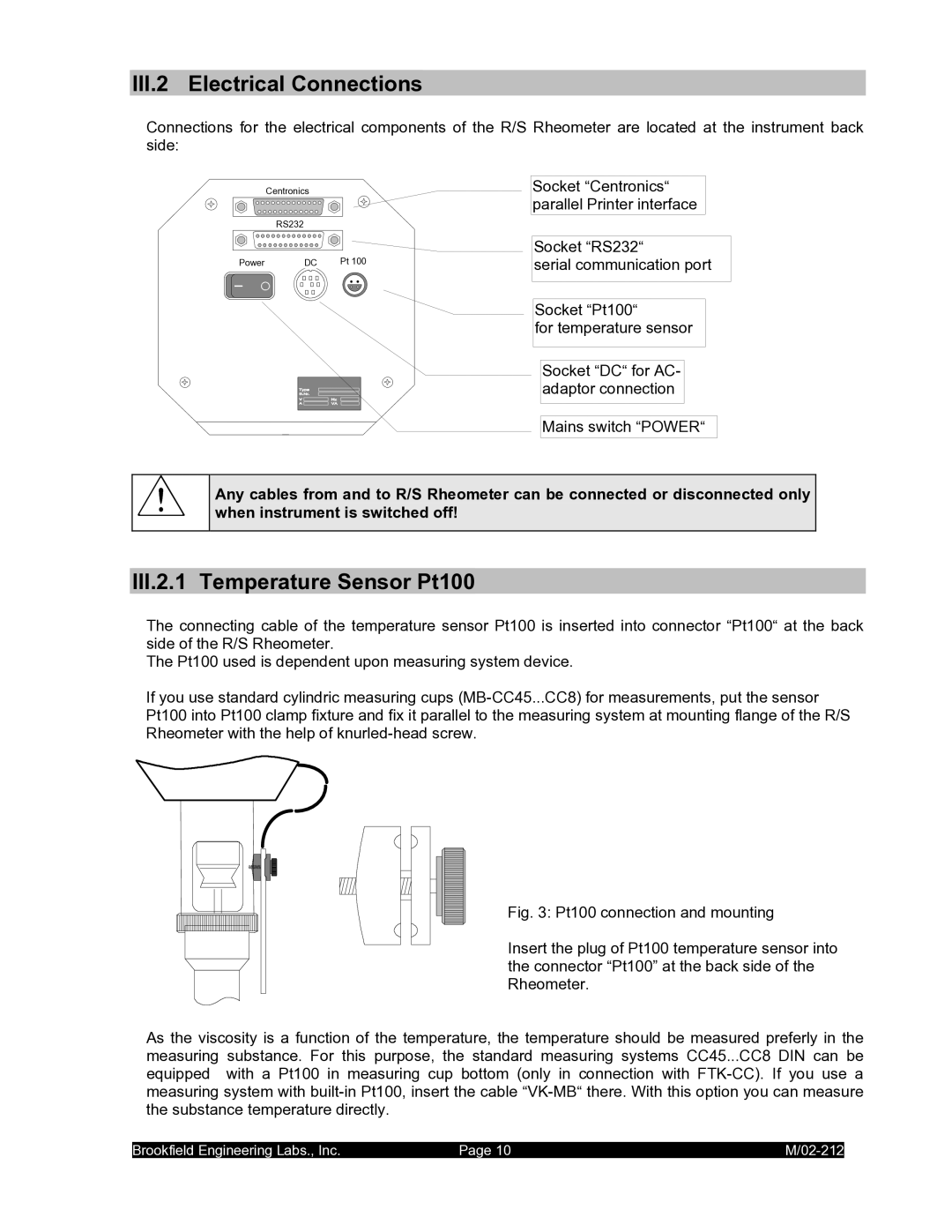 IBM M/02-212 operating instructions III.2 Electrical Connections, III.2.1 Temperature Sensor Pt100 