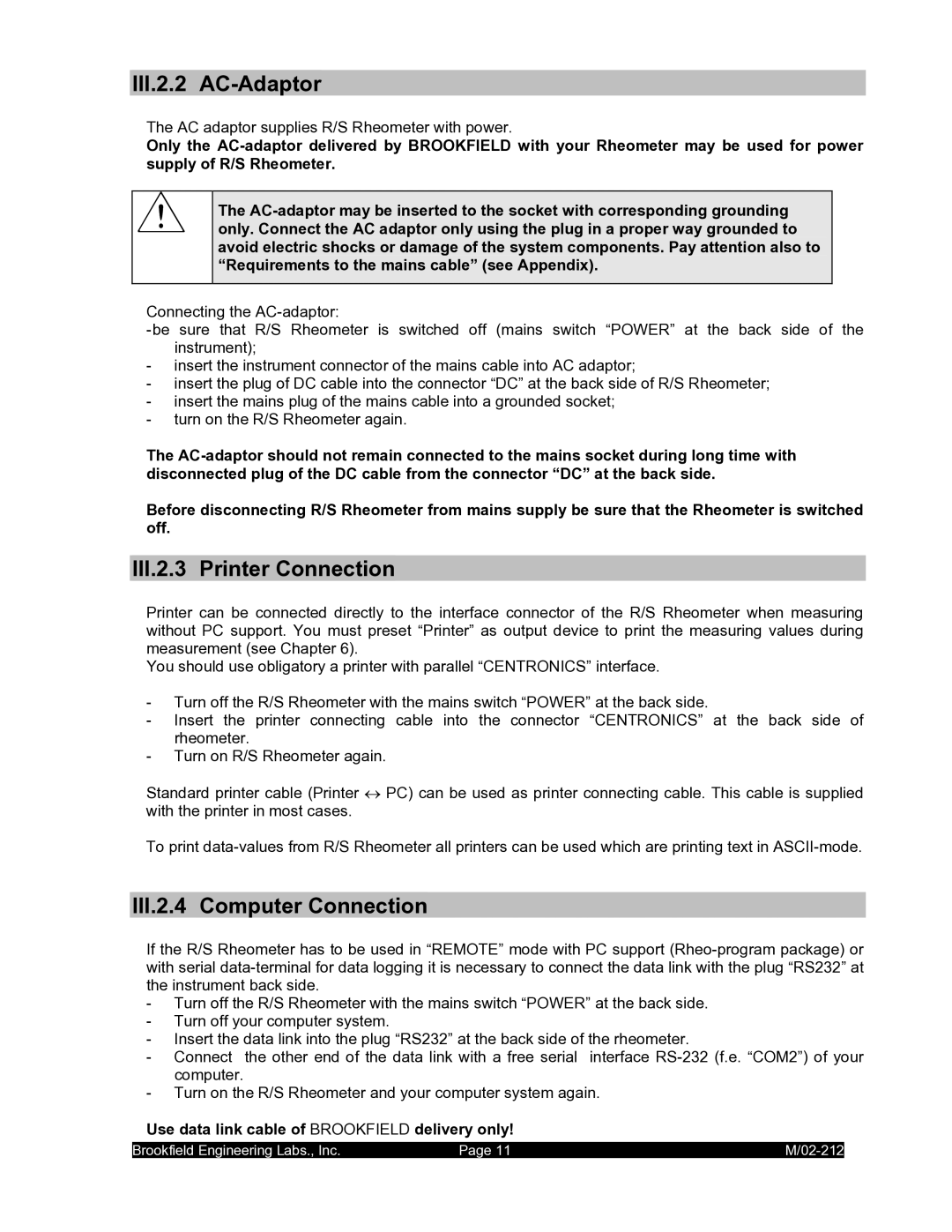 IBM M/02-212 operating instructions III.2.2 AC-Adaptor, III.2.3 Printer Connection, III.2.4 Computer Connection 