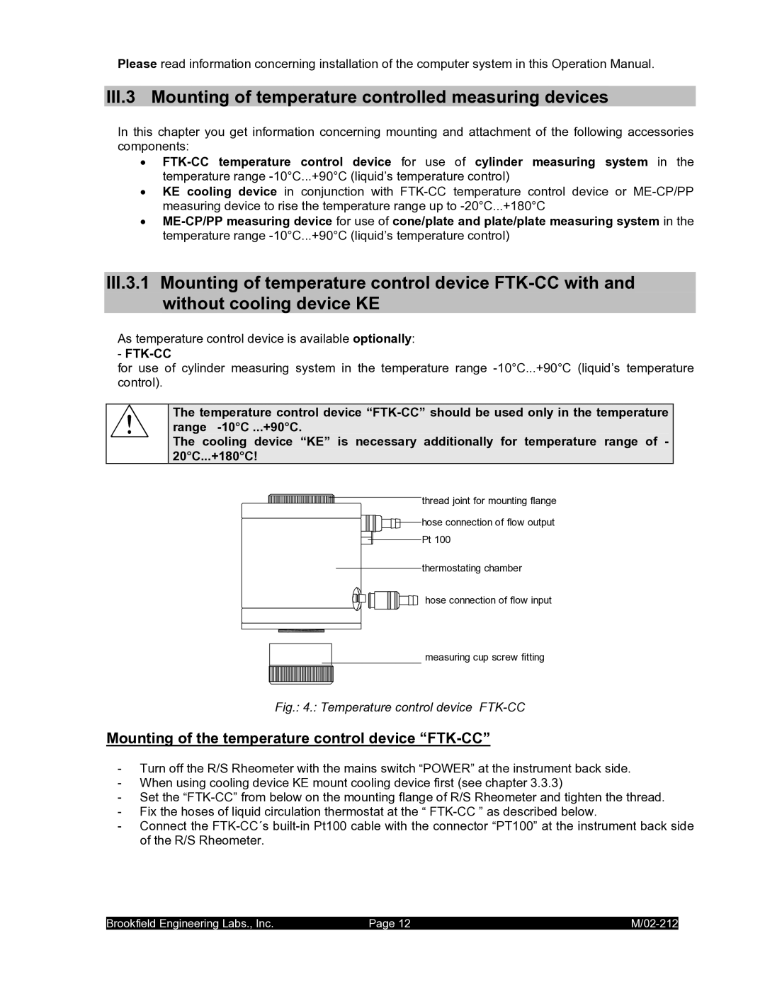 IBM M/02-212 operating instructions III.3 Mounting of temperature controlled measuring devices, Ftk-Cc 