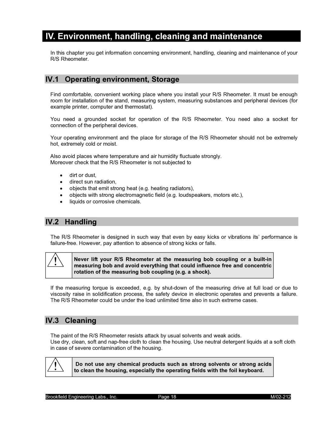 IBM M/02-212 IV. Environment, handling, cleaning and maintenance, IV.1 Operating environment, Storage, IV.2 Handling 