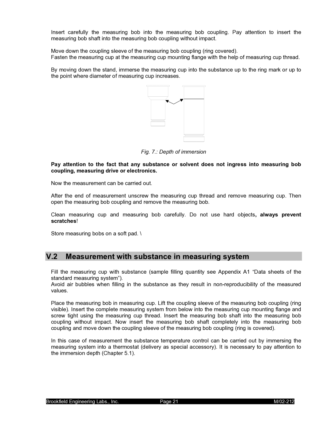 IBM M/02-212 operating instructions Measurement with substance in measuring system, Depth of immersion 