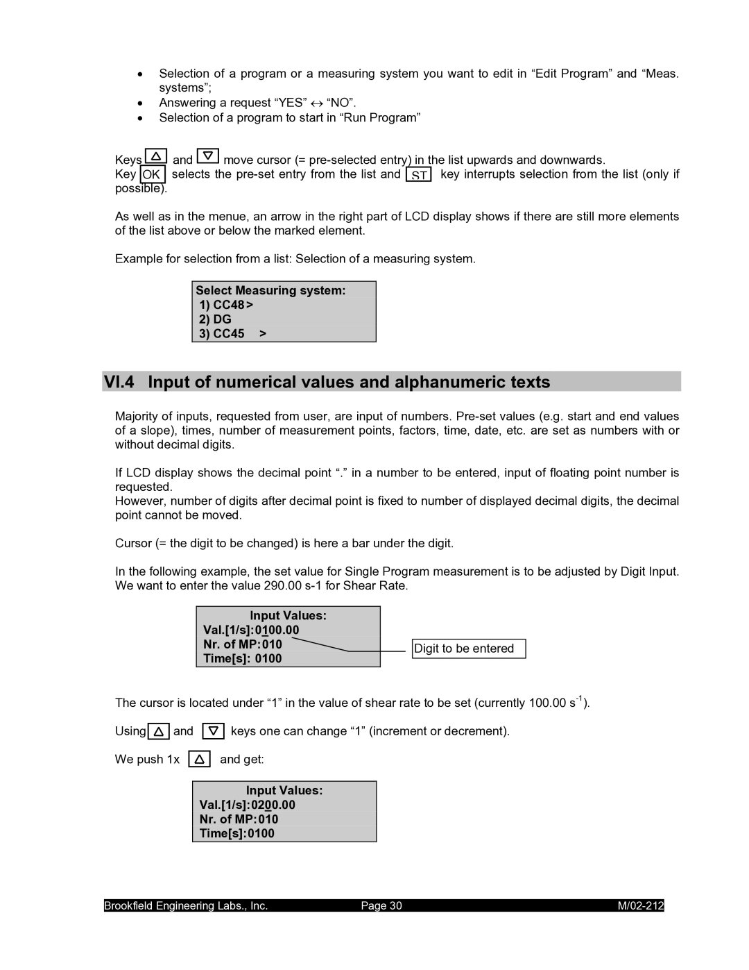 IBM M/02-212 VI.4 Input of numerical values and alphanumeric texts, Select Measuring system CC48 CC45 