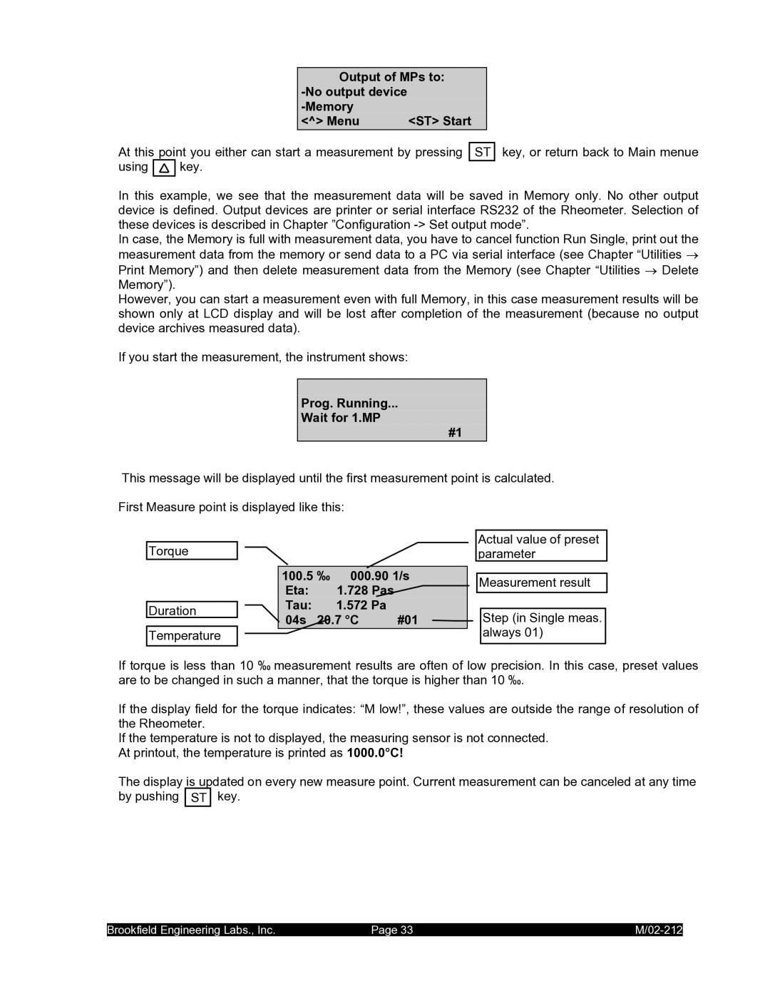 IBM M/02-212 operating instructions Output of MPs to No output device Memory Menu ST Start, Prog. Running Wait for 1.MP 