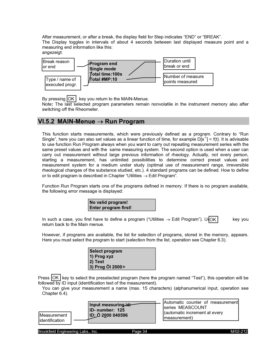 IBM M/02-212 operating instructions VI.5.2 MAIN-Menue → Run Program, Program end Single mode Total time100s Total #MP10 