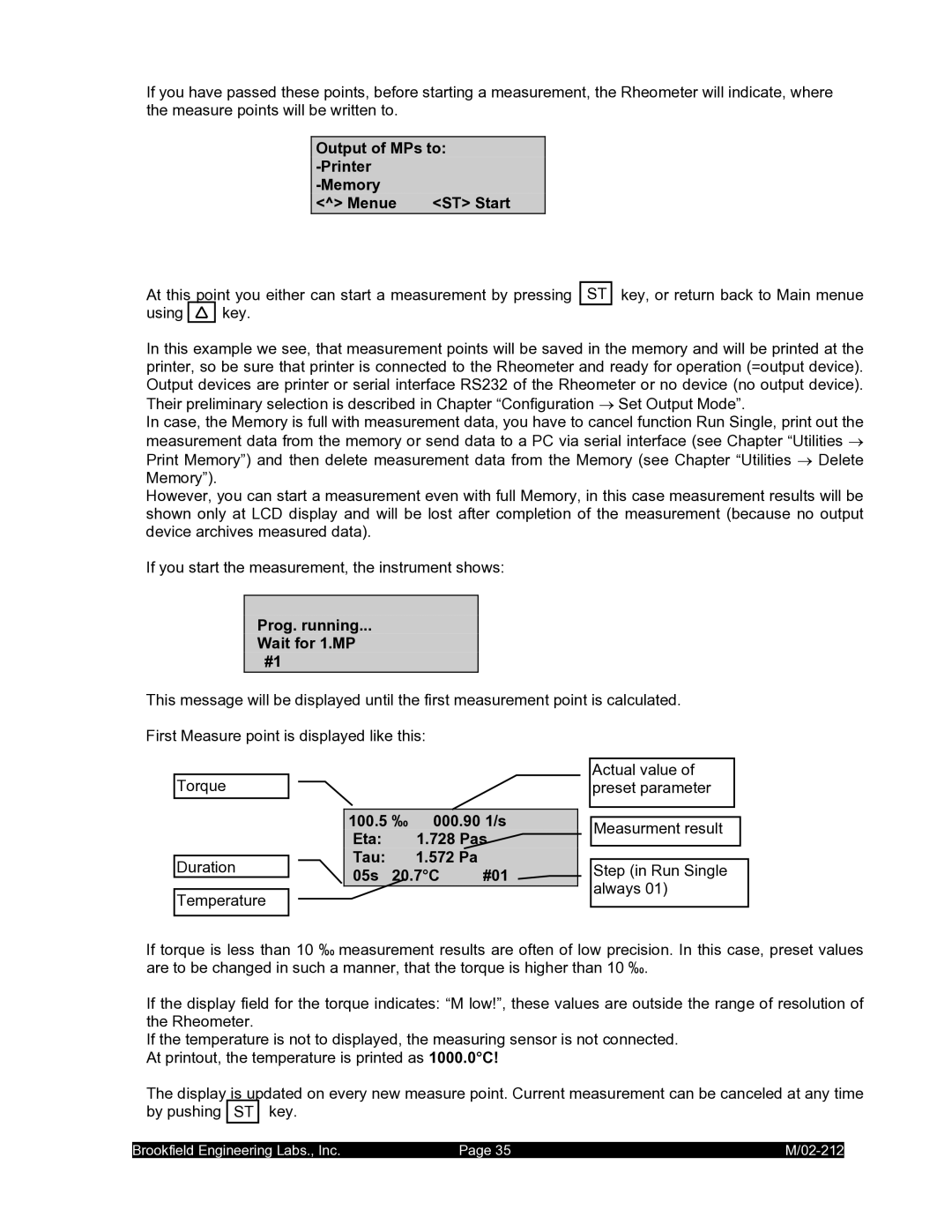 IBM M/02-212 operating instructions Output of MPs to Printer Memory Menue, Prog. running Wait for 1.MP #1 