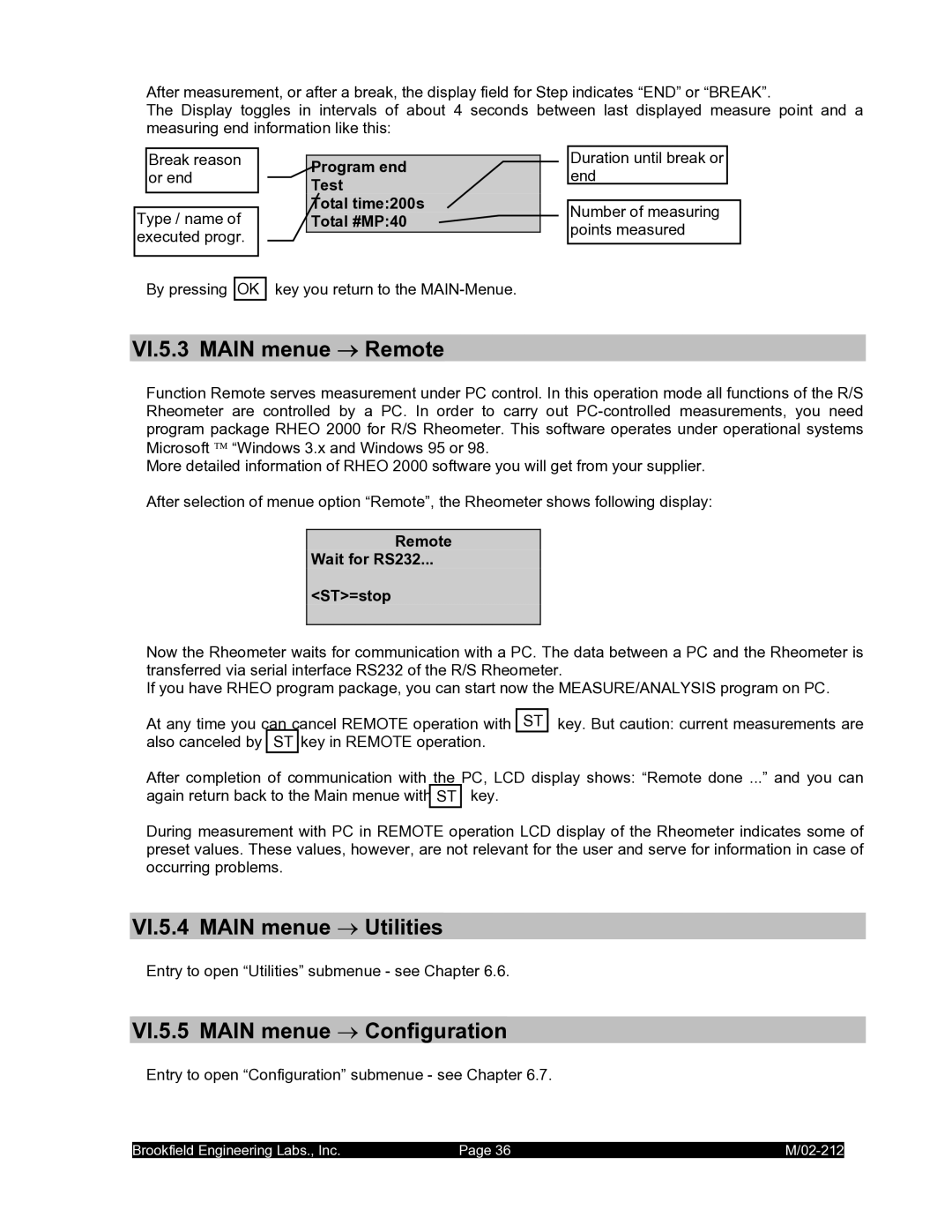 IBM M/02-212 VI.5.3 Main menue → Remote, VI.5.4 Main menue → Utilities, VI.5.5 Main menue → Configuration 