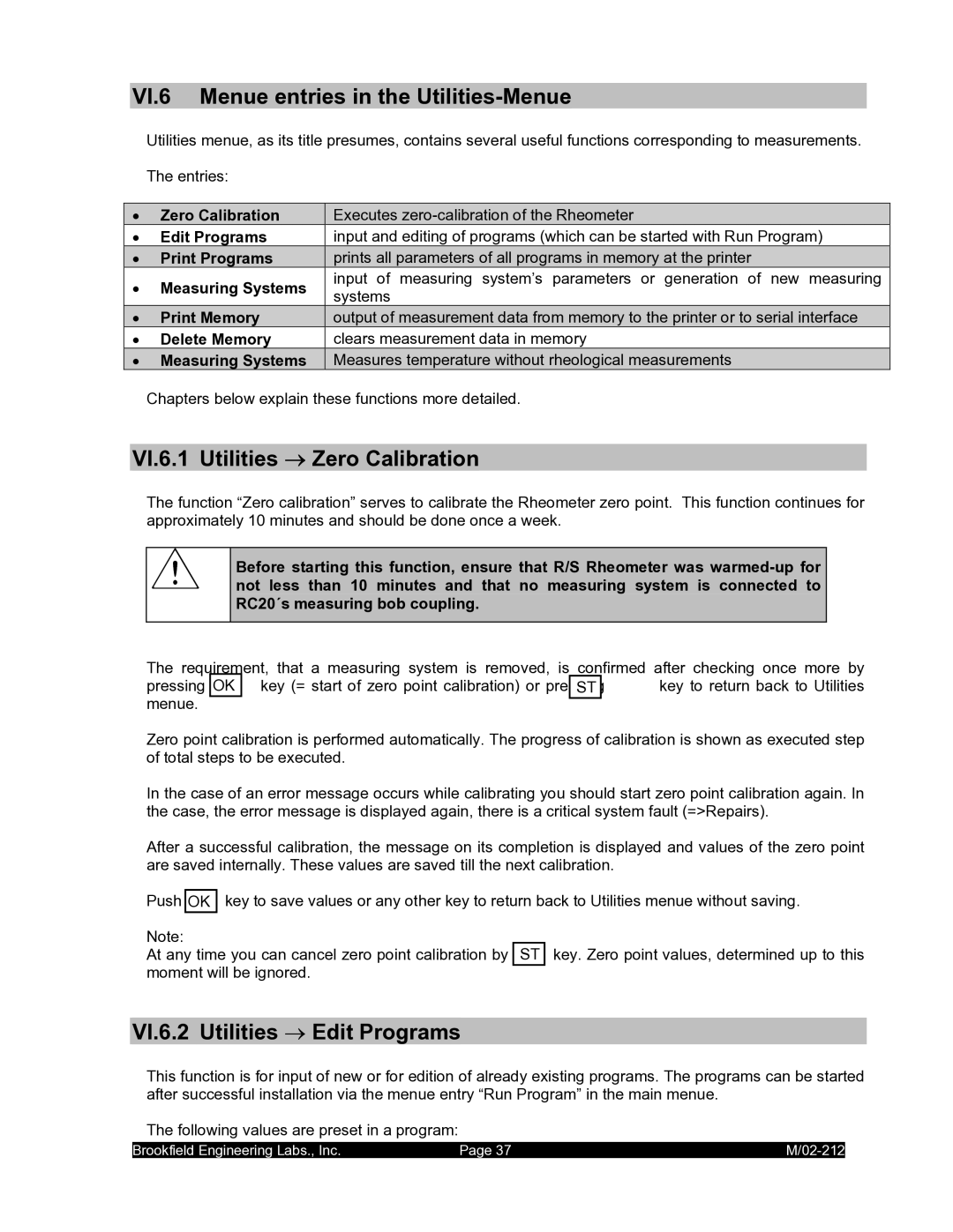 IBM M/02-212 operating instructions VI.6 Menue entries in the Utilities-Menue, VI.6.1 Utilities → Zero Calibration 