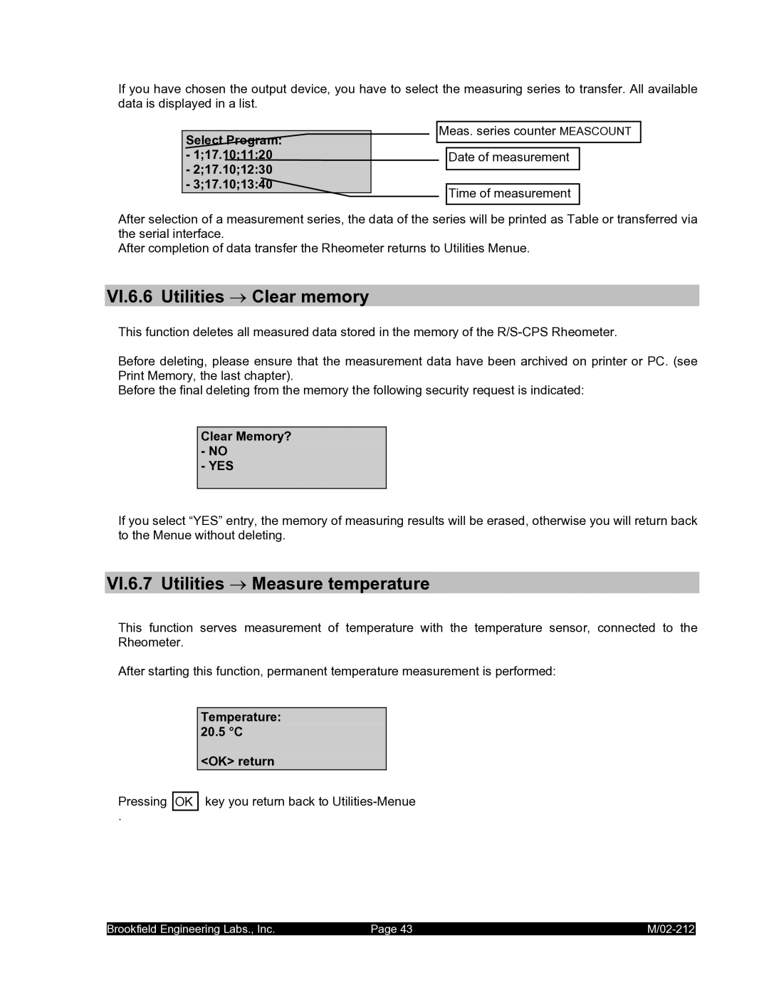 IBM M/02-212 operating instructions VI.6.6 Utilities → Clear memory, VI.6.7 Utilities → Measure temperature 