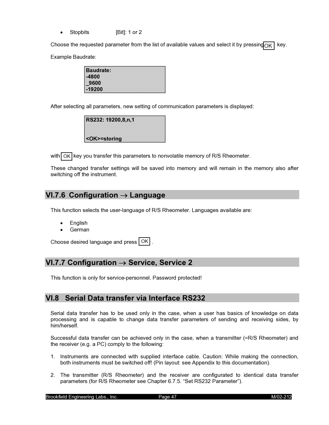 IBM M/02-212 VI.7.6 Configuration → Language, VI.7.7 Configuration → Service, Service, Baudrate -4800 9600 