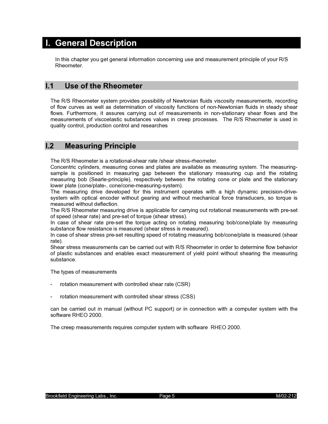 IBM M/02-212 operating instructions General Description, Use of the Rheometer, Measuring Principle 