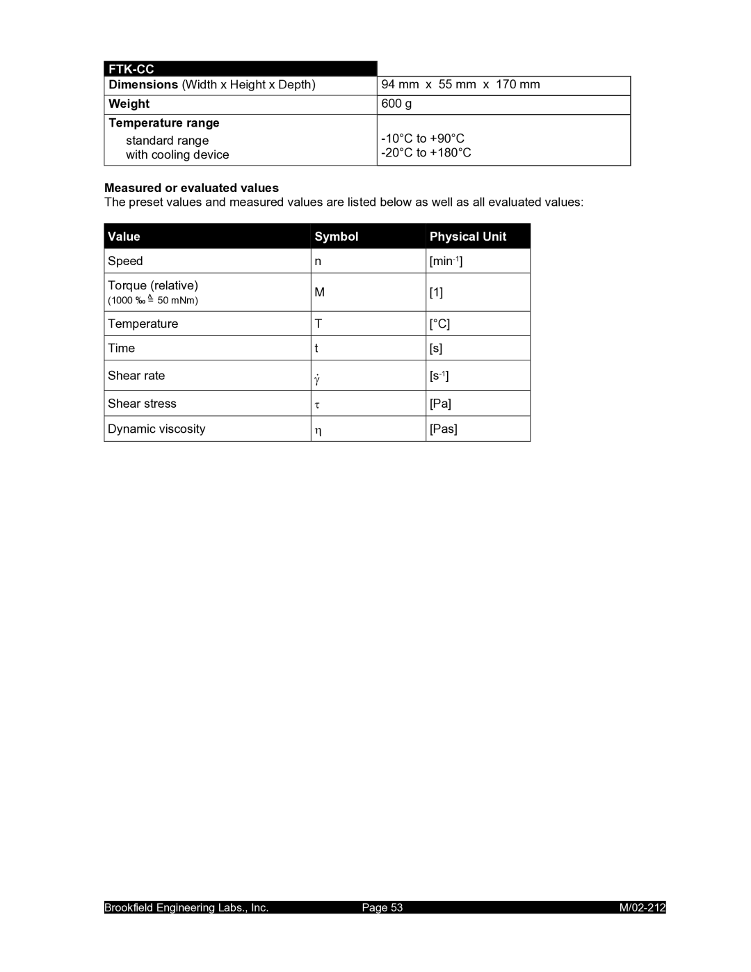 IBM M/02-212 operating instructions Weight Temperature range, Measured or evaluated values 