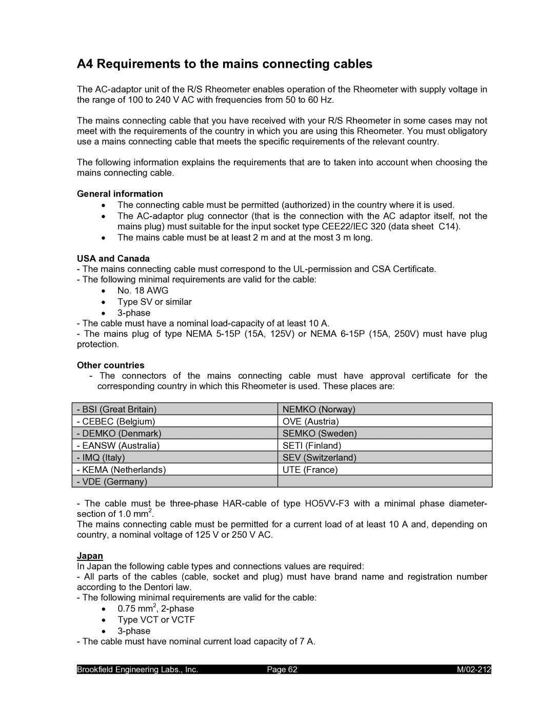 IBM M/02-212 A4 Requirements to the mains connecting cables, General information, USA and Canada, Other countries, Japan 