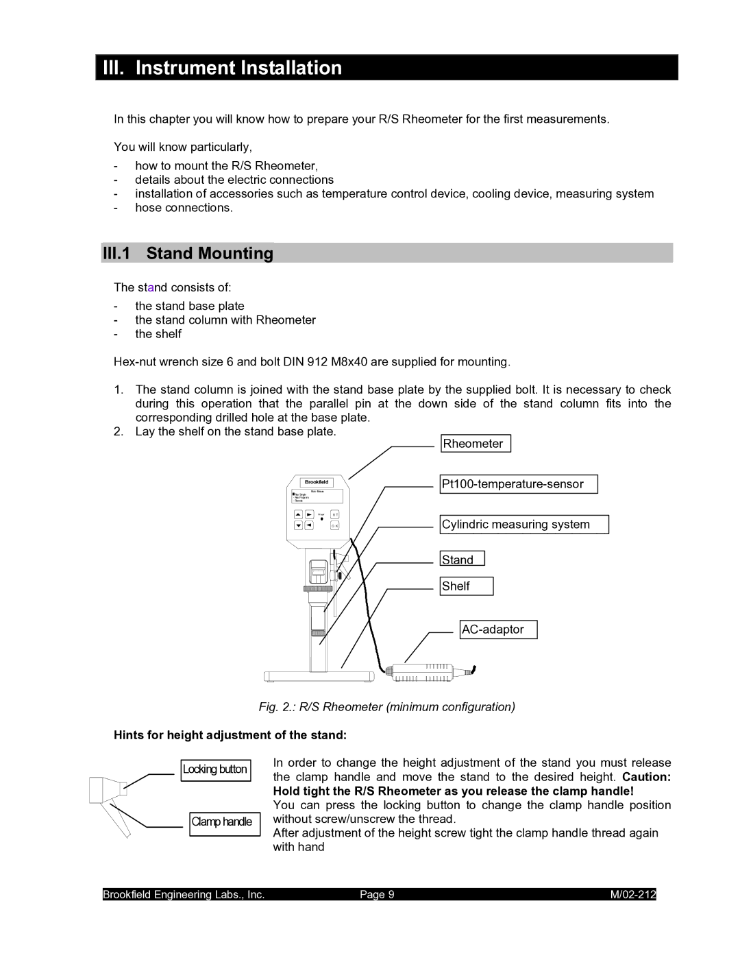 IBM M/02-212 III. Instrument Installation, III.1 Stand Mounting, Hints for height adjustment of the stand 