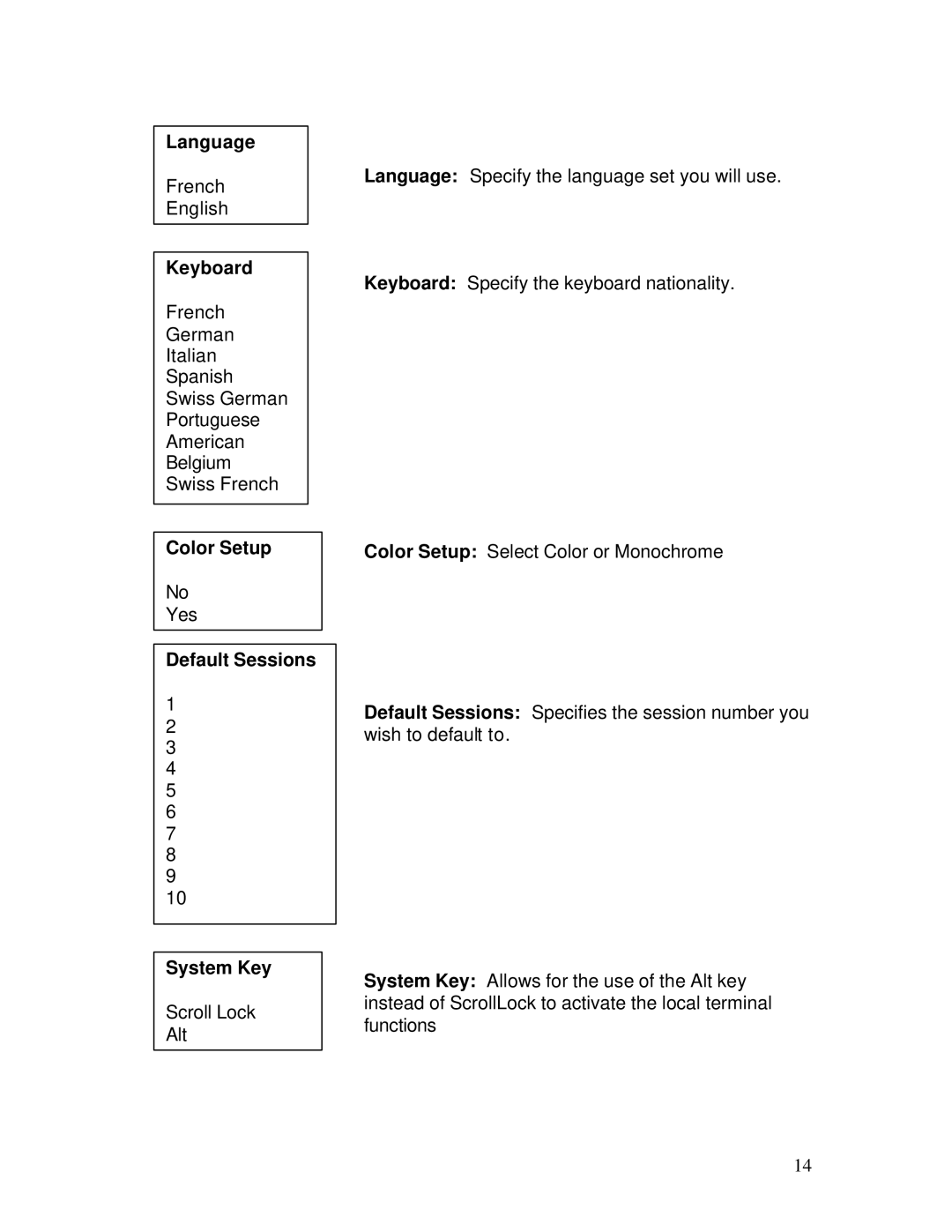 IBM M110 manual Language, Keyboard, Color Setup, Default Sessions System Key 