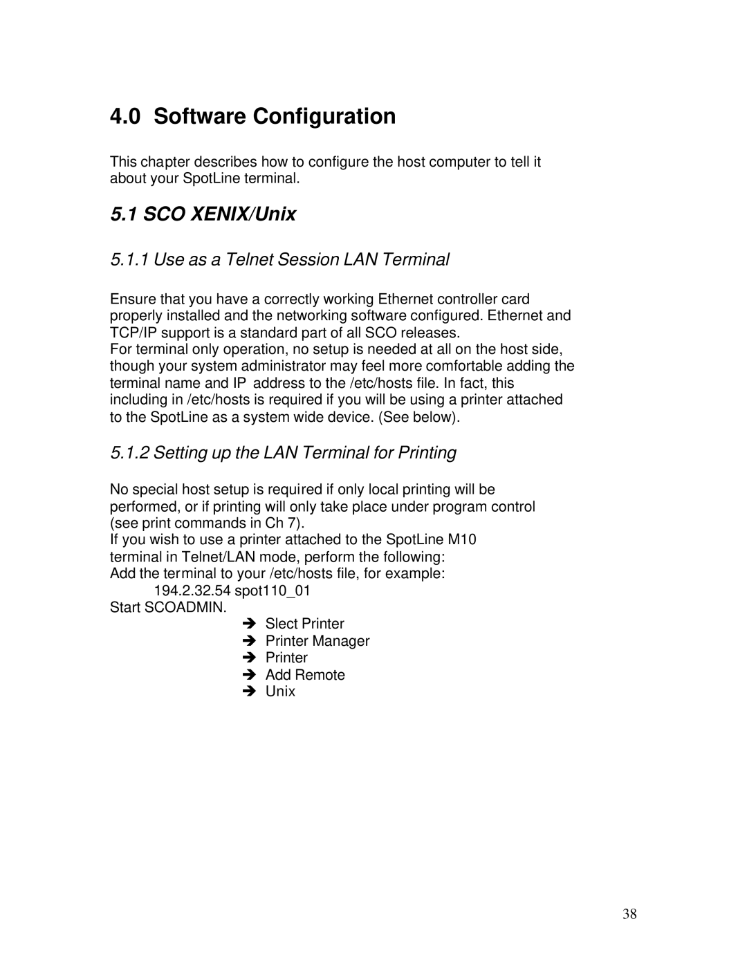 IBM M110 manual Software Configuration, SCO XENIX/Unix, Use as a Telnet Session LAN Terminal 