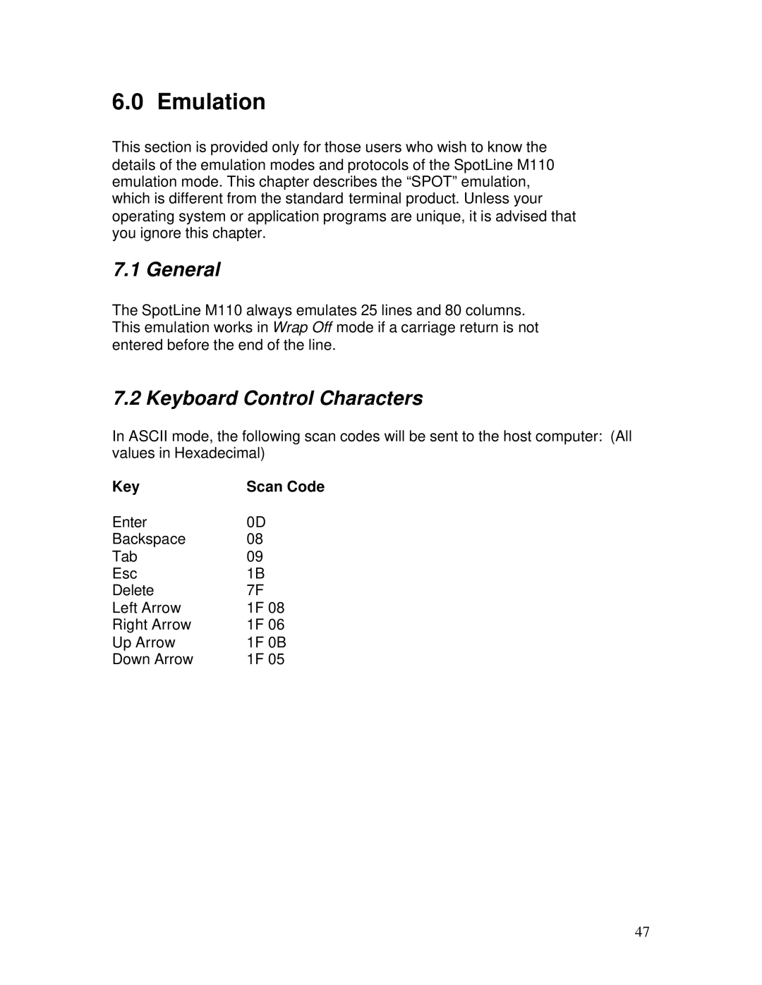 IBM M110 manual Emulation, General, Keyboard Control Characters, Key Scan Code 