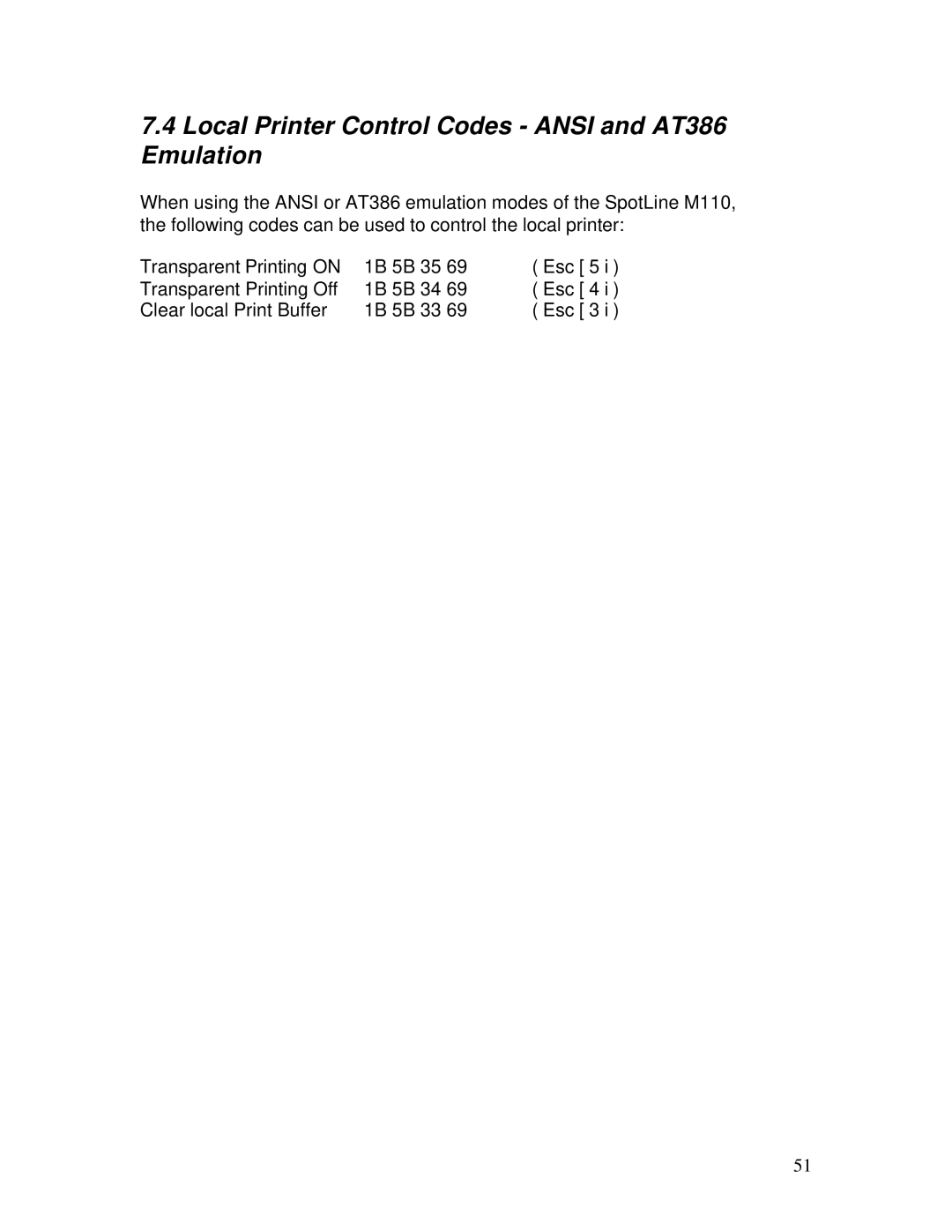 IBM M110 manual Local Printer Control Codes Ansi and AT386 Emulation 