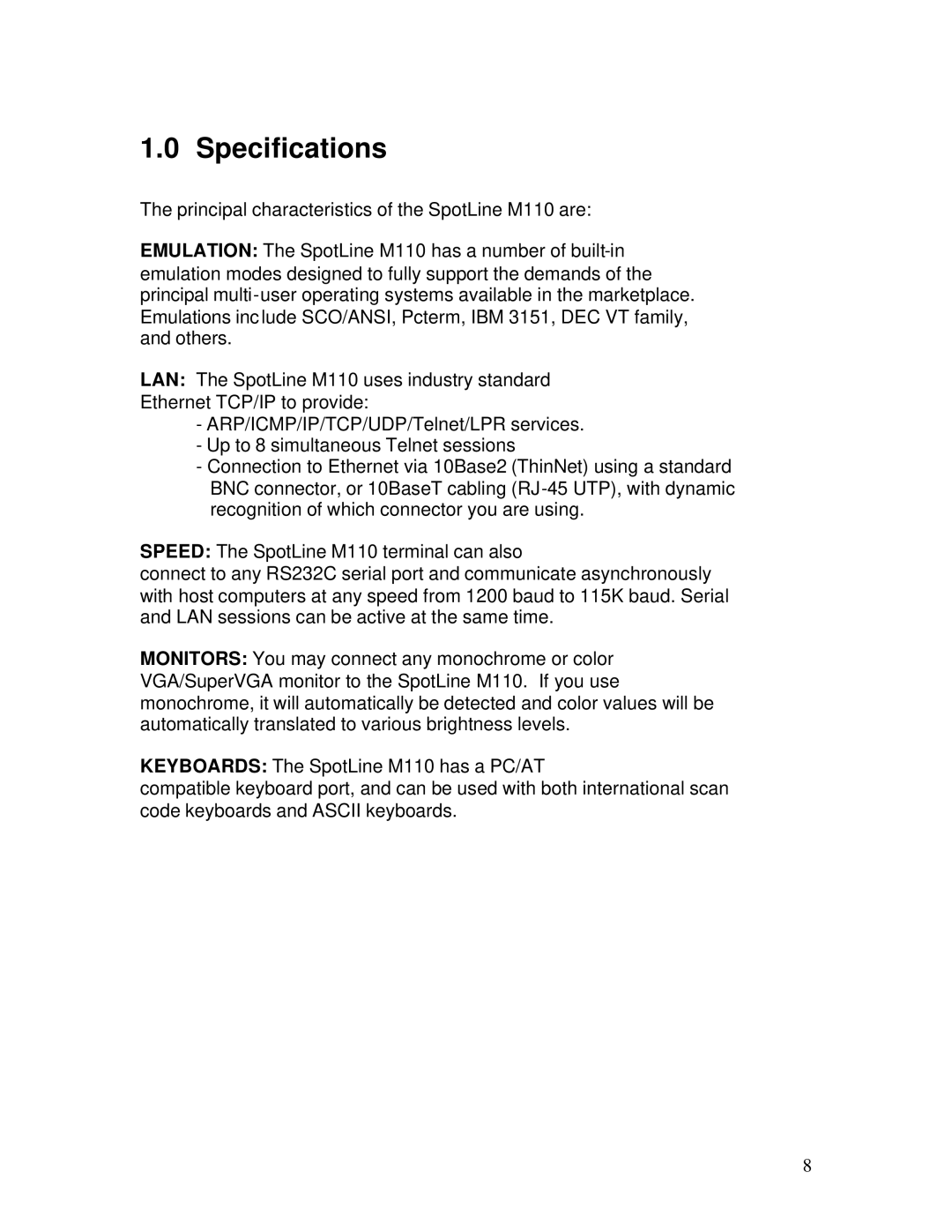 IBM M110 manual Specifications 