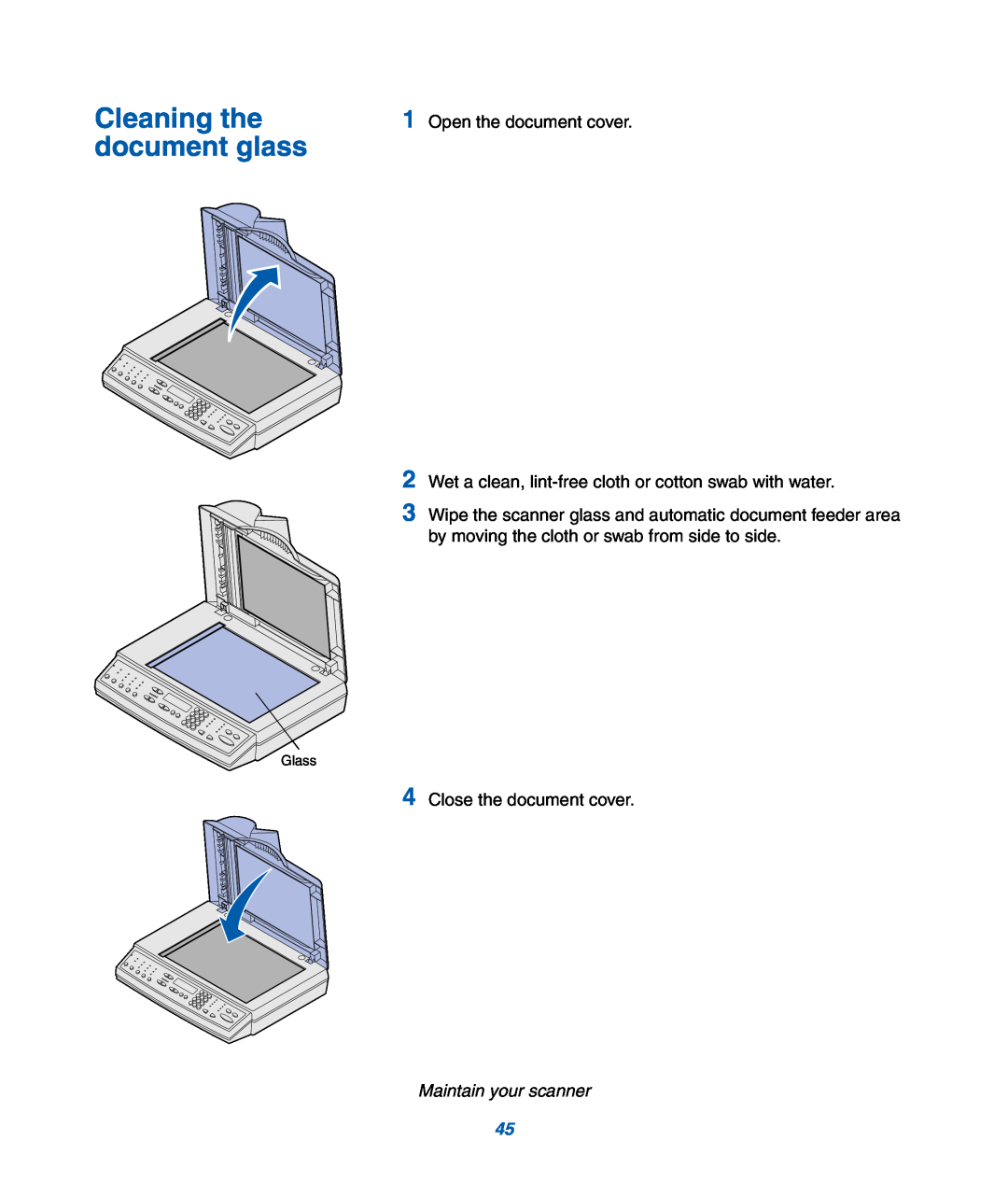 IBM M22 MFP manual Cleaning the, document glass, Open the document cover, Maintain your scanner 