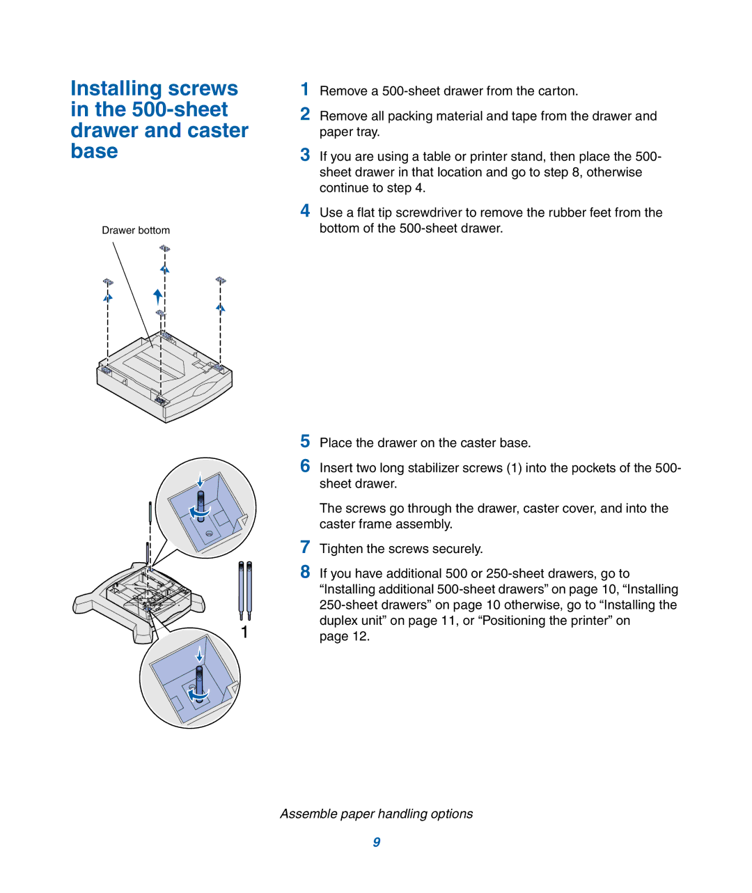 IBM M22 MFP manual Installing screws, sheet, Drawer and caster, Base 