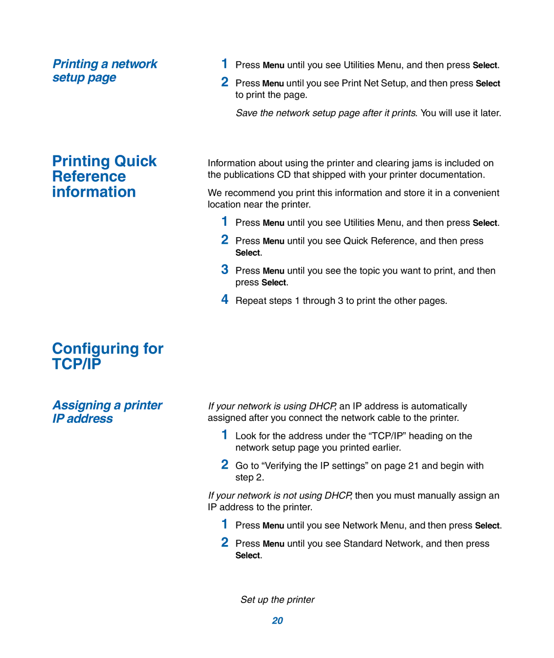 IBM M22 MFP manual Printing Quick Reference information, Configuring for, Printing a network setup 