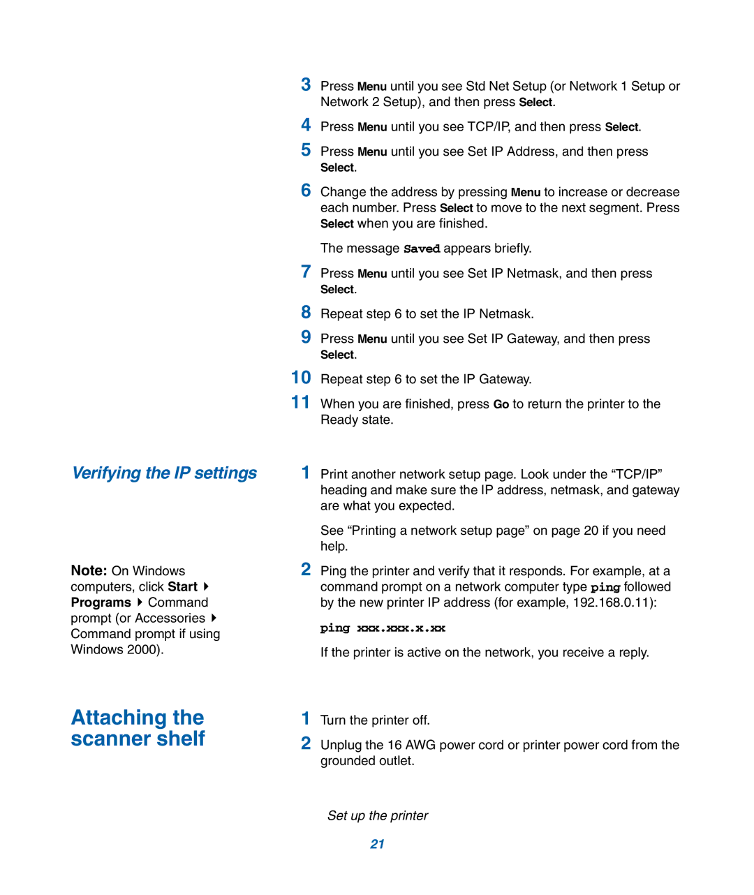 IBM M22 MFP manual Attaching the scanner shelf, Verifying the IP settings 