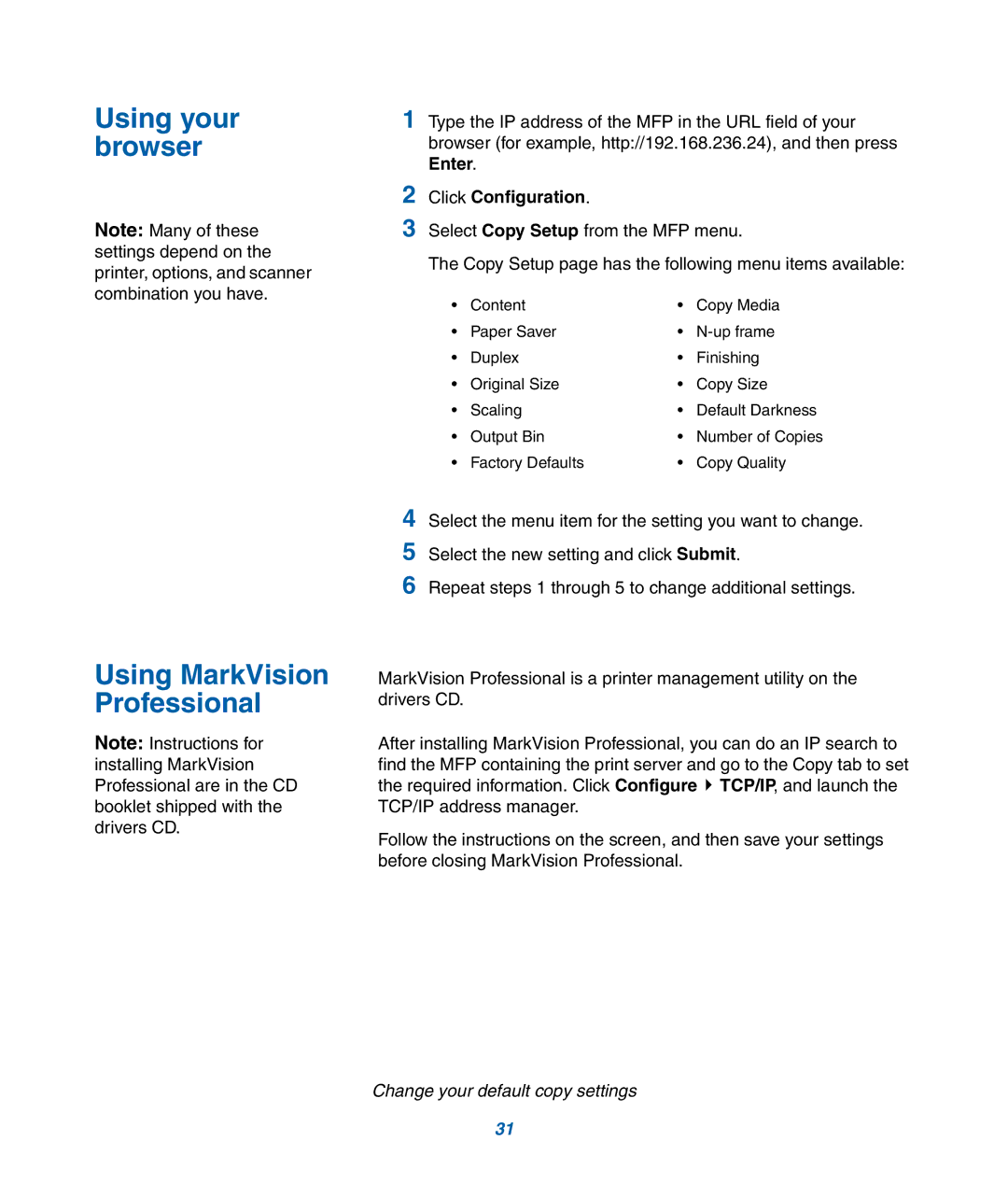 IBM M22 MFP manual Using your browser, Using MarkVision Professional 