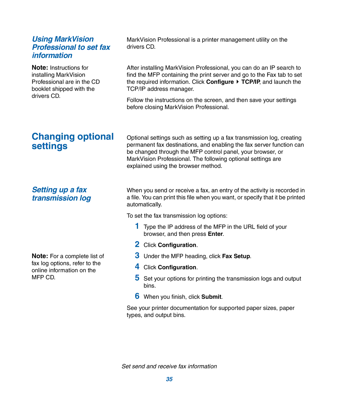 IBM M22 MFP manual Changing optional settings, Using MarkVision Professional to set fax information 