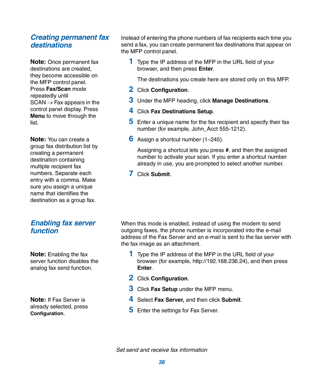 IBM M22 MFP manual Creating permanent fax destinations, Enabling fax server function 